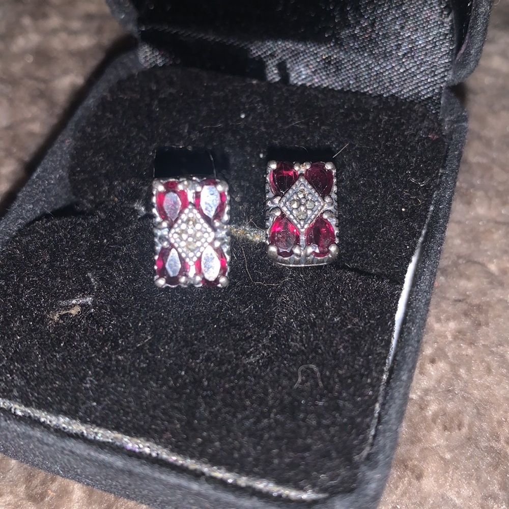 Garnet & Marcasite SET Bracelet/earrings/Brooch in silver - Picture 5 of 15